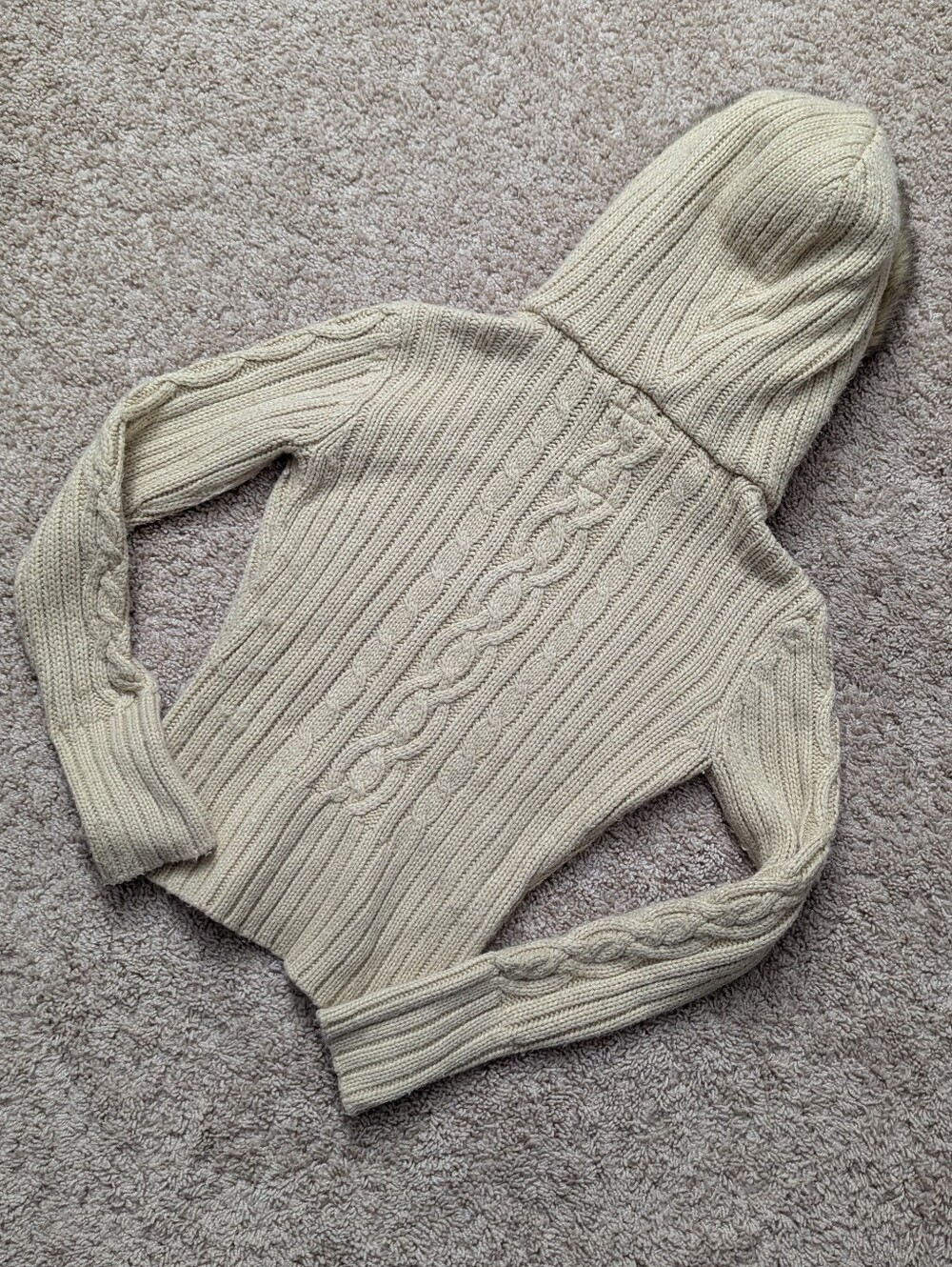 Vintage Y2K Aeropostale Cable Knit Fur Trim Hooded Zip Up Sweater Medium Cream - Picture 2 of 11